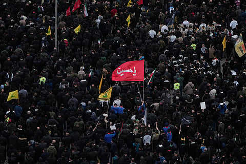 Hezbollah supporters gather to mourn the death of Iranian Supreme Leader Ayatollah Ali Khamenei in the southern Suburb of Beirut, Lebanon, Sunday, March 1, 2026. 