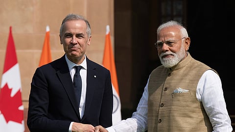 Canada's Prime Minister Mark Carney, left, meets Indian Prime Minister Narendra Modi at Hyderabad House in New Delhi, Monday, March 2, 2026. 