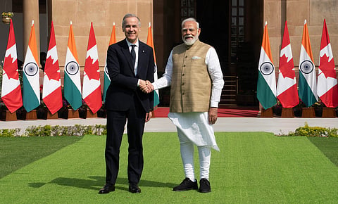 Prime Minister Mark Carney meets Indian Prime Minister Narendra Modi at Hyderabad House in New Delhi, Monday, March 2, 2026. 