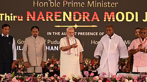 Prime Minister Narendra Modi inaugurating projects in the presence of Puducherry Lieutenant-Governor K. Kailashnathan and Chief Minister N. Rangasamy on Sunday (March 1, 2026). 