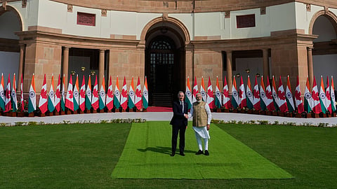 PM Narendra Modi and his Canadian counterpart Mark Carney before their delegation level meeting in New Delhi on Monday