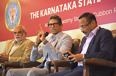 (From L) KSCA secretary Santosh Menon, KSCA president Venkatesh Prasad & spokesperson Vinay Mruthyunjaya 