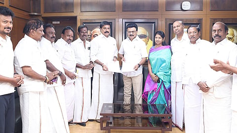 Tamil Nadu Chief Minister MK Stalin and DMDK treasurer LK Sudhish pose along with their respective party leaders at the DMK headquarters in Chennai on March 3, 2026.