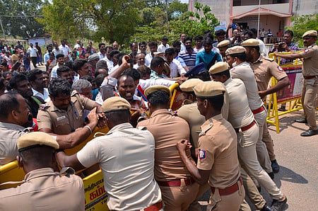 Tension erupted between police personnel and protestors following the sickle attack incident in Nanguneri. 