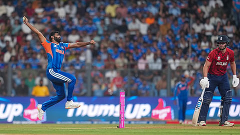 India's Jasprit Bumrah bowls a delivery during the ICC Men's T20 World Cup 2026 second semifinal cricket match between India and England, at the Wankhede Stadium, in Mumbai, Maharashtra, Thursday, March 5, 2026. 