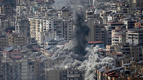 Smoke rises following an Israeli airstrike in Dahiyeh, Beirut's southern suburbs, Friday, March 6, 2026. 
