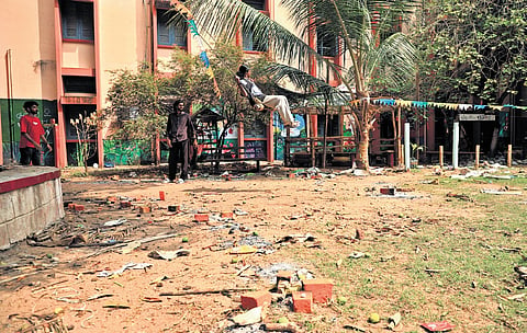 Debris scattered on the campus of Government Sanskrit College three days after the Attukal Pongala, with the waste yet to be cleared by the corporation.