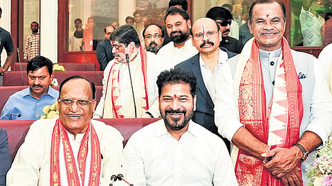 Chief Minister A Revanth Reddy with Legislative Council Chairman Gutha Sukhender Reddy and R&B Minister Komatireddy Venkat Reddy at the building inauguration programme in Hyderabad on March 8, 2026.