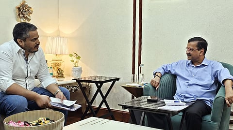 NCP-SP MLA Rohit Pawar meets Aam Aadmi Party National Convenor Arvind Kejriwal in New Delhi on Saturday.