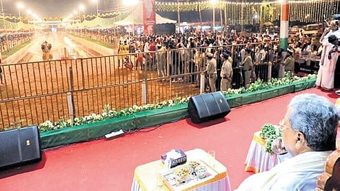 CM Siddaramaiah attends the 15th Muduru-Padooru Jodukare Kambala at Kudibail in Navoor village in Bantwal taluk, 