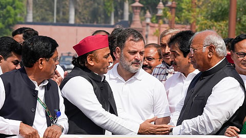 LoP in Rajya Sabha Mallikarjun Kharge, Samajwadi Party MP Akhilesh Yadav, LoP in Lok Sabha Rahul Gandhi and other opposition leaders at a protest over the West Asia crisis during the second part of Budget session of Parliament, in New Delhi, Monday, March 9, 2026. 