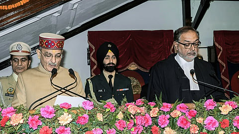  Chief Justice of the Himachal Pradesh High Court, Justice Gurmeet Singh Sandhawalia administers the oath to Governor Designate Himachal Pradesh Kavinder Gupta, at Lok Bhawan in Shimla on Tuesday.