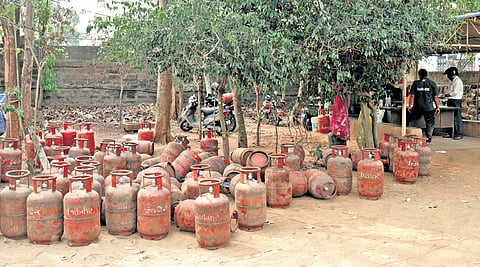 LPG cylinders lined up at a godown at BJB Nagar in Bhubaneswar on Tuesday.