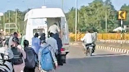 An ambulance soliciting passengers near the KHIMS campus in Gadag.