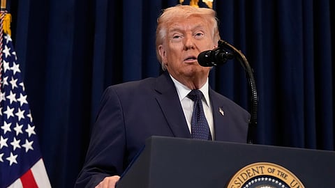 US President Donald Trump speaks at a news conference, Monday, March 9, 2026, at Trump National Doral Miami in Doral, Fla.