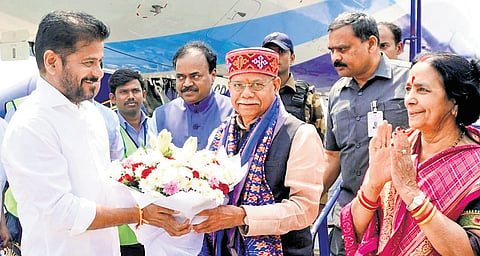 CM A Revanth Reddy accords a warm welcome to Shiv Pratap Shukla, set to take oath as the state’s Governor, at RGIA on Tuesday. 
