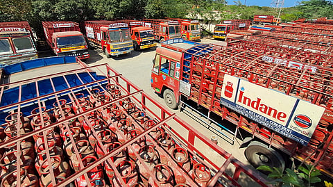 Lorries  with empty  LPG cylinders seen at Chennai Chennai Petroleum Corporation's LPG bottling plant at Manali in Chennai.