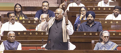 Leader of Opposition in Rajya Sabha Mallikarjun Kharge speaks in the House. 