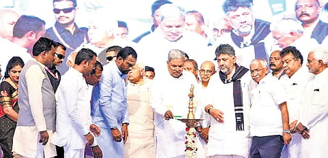 Chief Minister Siddaramaiah and DCM DK Shivakumar  at the foundation stone programme in Bagalkot on Saturday | Express