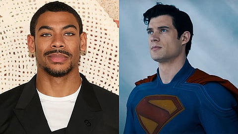 Aaron Pierre and a still of David Corenswet as Superman