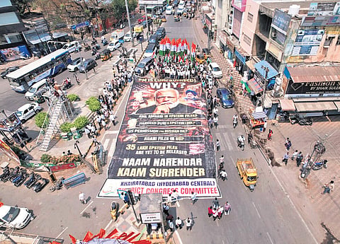 Congress workers protest in Hyderabad on Saturday, accusing Prime Minister Narendra Modi of failing to prevent LPG shortage amid the West Asia war.