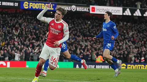 Arsenal's Max Dowman celebrates after scoring during the English Premier League soccer match between Arsenal and Everton in London, England, Saturday, March 14, 2026. 