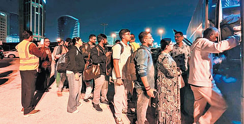 Photo provided by one of the returnees shows people from Bahrain boarding buses to cross the border to Saudi’s Dammam airport. The first set of passengers from war-hit Bahrain reached Kerala in a chartered flight on Sunday