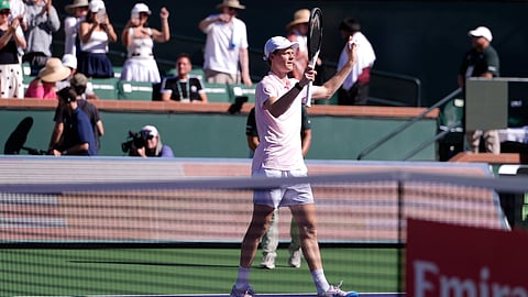 Jannik Sinner, of Italy, celebrates after defeating Alexander Zverev, of Germany, during a semifinal match at the BNP Paribas Open tennis tournament, Saturday, March 14, 2026, in Indian Wells, Calif. 
