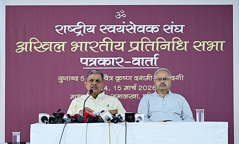 RSS general secretary Dattatreya Hosabale (L) with Sunil Ambekar, publicity chief of the organisation. 