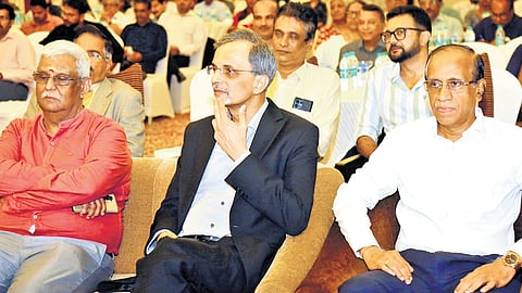 P M Veeramani, ex-president of Cochin Chamber of Commerce, chief economic advisor to India Dr V Anantha Nageswaran and ex-Cochin Shipyard MD Madhu Nair during the chamber’s post-budget lecture on Tuesday 