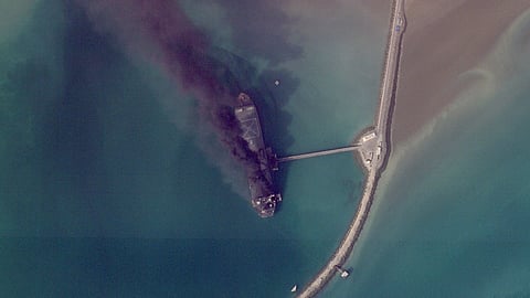 This satellite image from Planet Labs PBC shows fires burning on a ship after a US military attack on a port in Bandar Abbas, Iran, March 2, 2026.