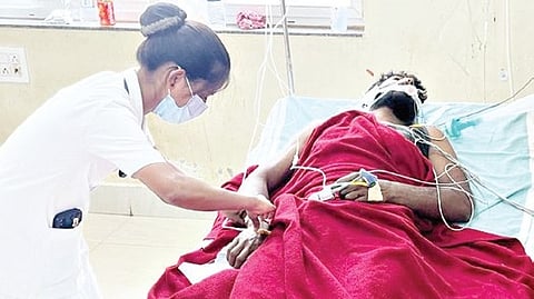 One of the four victims undergo treatment at KMC-RI in Hubballi 
on Tuesday.