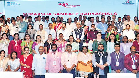 The National AIDS Control Organisation (NACO) holds the Mission AIDS Suraksha workshop in Vijayawada on Wednesday.             