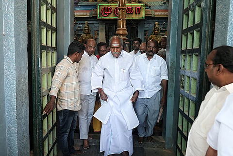 Puducherry Chief Minister N Rangasamy of AINRC at Kathirkamam Kathirvel Swamy Murugan Temple on Friday.