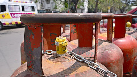Chained LPG cylinders kept for delivery. ( Representational image ) 