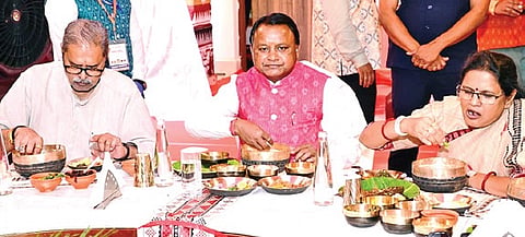 CM Mohan Charan Majhi, dy CMs KV Singh Deo & Pravati Parida relish Pakhala spread at Pakhala Parba in Bhubaneswar; The Guinness World Record certificate 