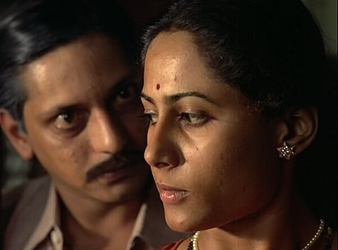 Amol Palekar plays Keshav, the manipulative husband-manager of Usha played by Smita Patil in Shyam Benegal's Bhumika (1977) 