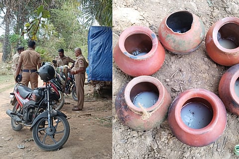 The Vadakadu police on Sunday inspected the site, seized clay pots in the palm tree, filters and other equipment allegedly used for storage and sale, and recovered empty plastic packets believed to have been used for distribution.