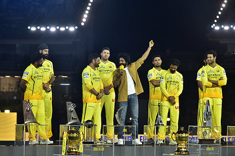 Actor Sivakarthikeyan interacts with CSK's MS Dhoni on Sunday
