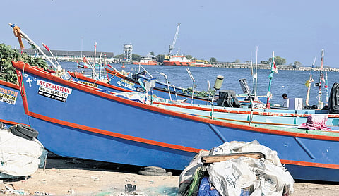 Fishing boats moored at the Vaddy harbour in Kollam 