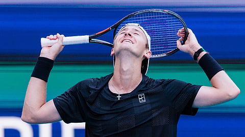 Sebastian Korda reacts after defeating world No. 1 Carlos Alcaraz  in the third round of the Miami Open on Sunday, March 23, 2026.