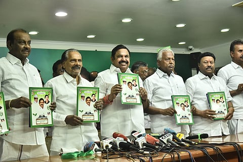 AIADMK General Secretary Edappadi K Palaniswami and party senior leaders release the manifesto for the upcoming assembly general elections at party headquarters, in Chennai on Tuesday, March 24, 2026. 