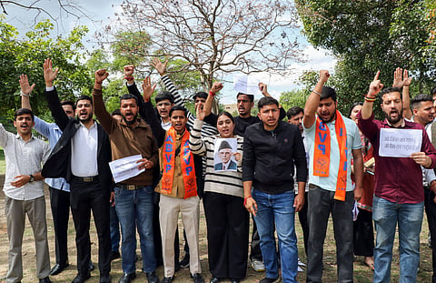 Akhil Bharatiya Vidyarthi Parishad (ABVP) activists stage a protest against the inclusion of a chapter on Muhammad Ali Jinnah in the postgraduate Political Science course at Jammu University, Jammu, on March 20, 2026.