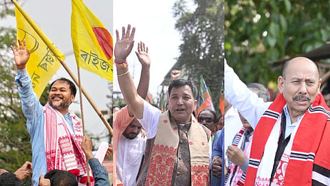 Sitting MLA and Raijor Dal president Akhil Gogoi (L) , who is an RTI activist-turned-politician, is up against Kushal Dowari (Centre)  of the ruling BJP and Pradip Hazarika (R) of BJP ally Asom Gana Parishad (AGP).