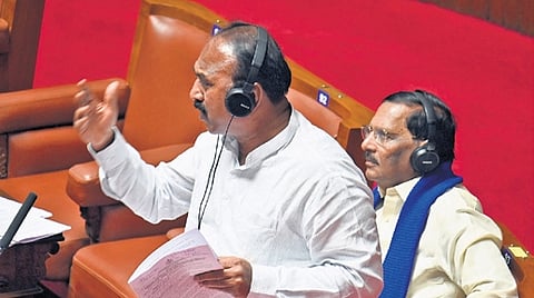 MLC K Shivakumar makes a point in the Council on Tuesday 