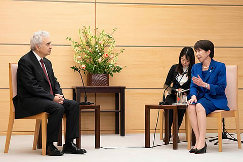 Japan's Prime Minister Sanae Takaichi, right, and International Energy Agency Executive Director Fatih Birol meet at the prime minister's office in Tokyo Wednesday, March 25, 2026.