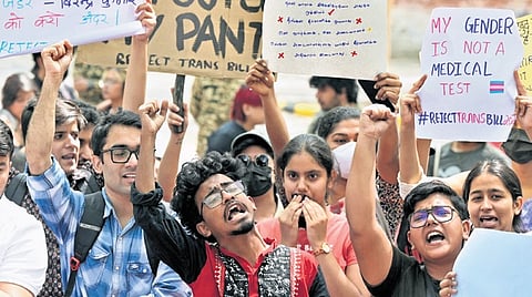 LGBTQIA community supporters and queer group members raise slogans at Jantar Mantar 
