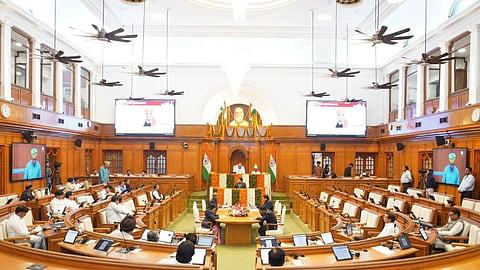 Delhi Legislative Assembly Speaker Vijender Gupta conducts the proceedings of the House on the third day of the Budget Session of the Delhi Assembly, in New Delhi.