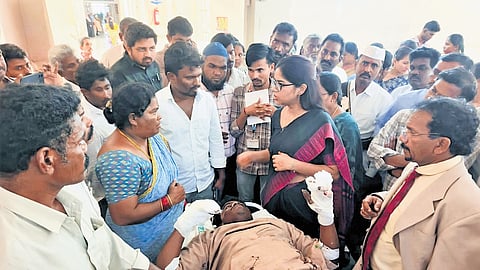 Andhra Pradesh Health Minister Satya Kumar Yadav interacting with the kin of the victims injured in the  Markapuram bus accident 