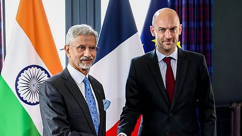 External Affairs Minister S. Jaishankar being received by France Foreign Minister Jean-Noel Barrot on his arrival at Abbaye des Vaux-de-Cernay, France. 